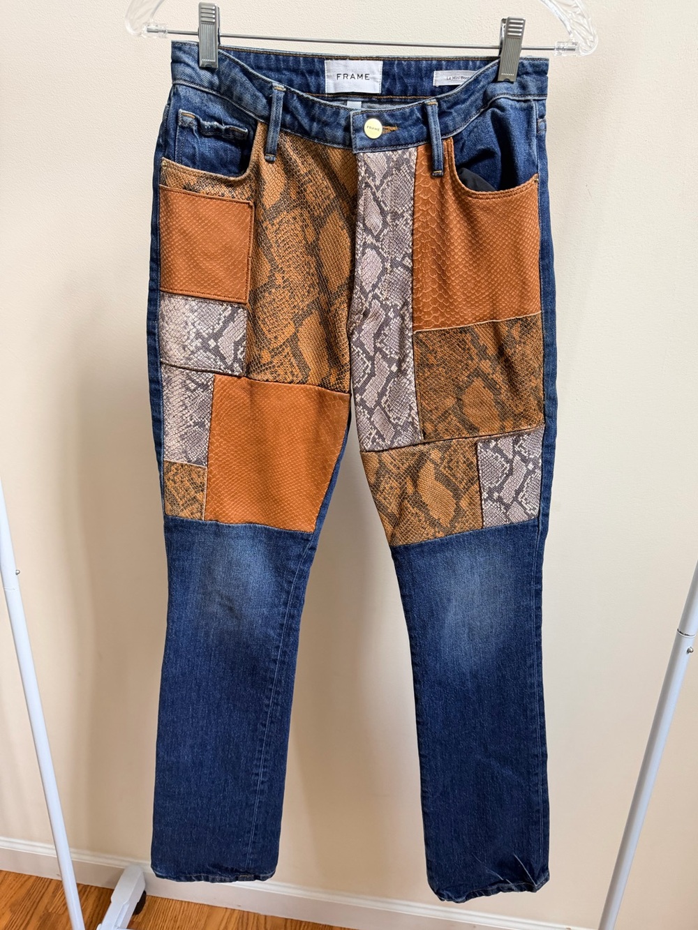 Frame Le Mini Boot patchwork jeans leather snakeskin patch Sz 24 women’s